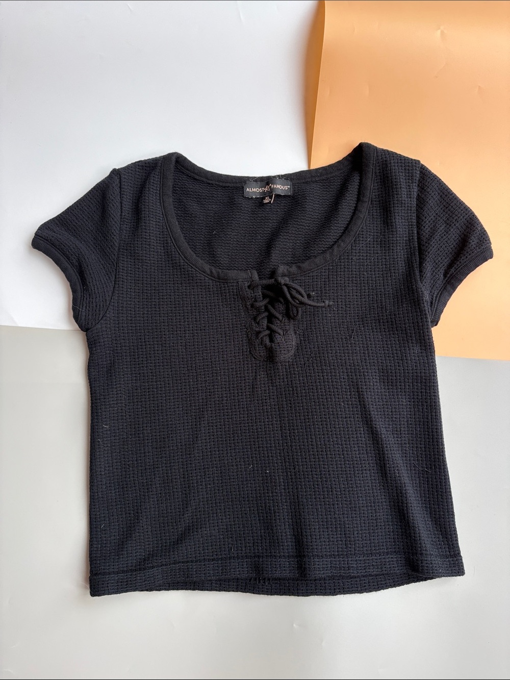 Almost Famous Black Lace-Up Waffle Knit Crop Top